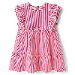 Babyhug Single Jersey Knit Cap Sleeves Striped Frock with Bloomer Frill Detailing & Bow Applique - Light Red