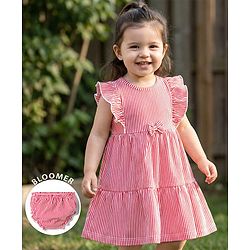 Babyhug Single Jersey Knit Cap Sleeves Striped Frock with Bloomer Frill Detailing & Bow Applique - Light Red