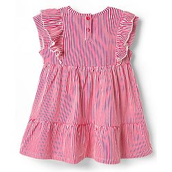 Babyhug Single Jersey Knit Cap Sleeves Striped Frock with Bloomer Frill Detailing & Bow Applique - Light Red