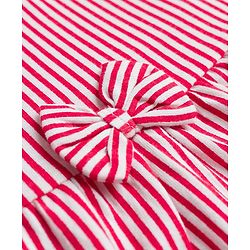Babyhug Single Jersey Knit Cap Sleeves Striped Frock with Bloomer Frill Detailing & Bow Applique - Light Red