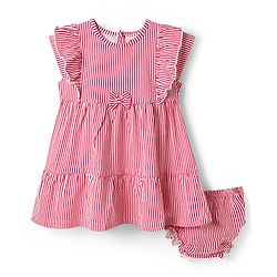 Babyhug Single Jersey Knit Cap Sleeves Striped Frock with Bloomer Frill Detailing & Bow Applique - Light Red