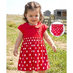 Babyhug Single Jersey Knit Cap Sleeves Polka Dotted Frock with Bloomer - Red