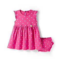 Babyhug 100% Cotton Knit Sleeveless Polka Dots Printed & Floral Applique Frock With Bloomer - Pink