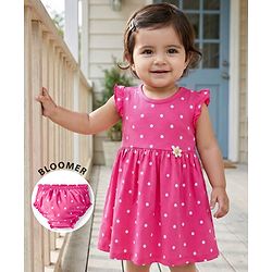 Babyhug 100% Cotton Knit Sleeveless Polka Dots Printed & Floral Applique Frock With Bloomer - Pink