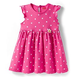 Babyhug 100% Cotton Knit Sleeveless Polka Dots Printed & Floral Applique Frock With Bloomer - Pink