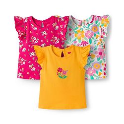 Babyhug Cotton Knit Half Frill Sleeves T-Shirts with Floral Graphics Pack of 3 - Dark Pink White & Yellow