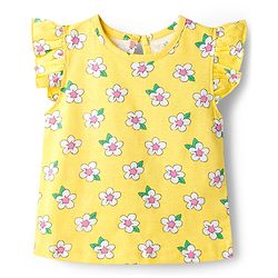 Babyhug Cotton Knit Half Frill Sleeves T-Shirts with Floral Graphics Pack of 3 - Pink Light Blue & Light Yellow