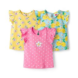 Babyhug Cotton Knit Half Frill Sleeves T-Shirts with Floral Graphics Pack of 3 - Pink Light Blue & Light Yellow