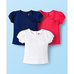 Babyhug Cotton Knit Half Sleeves Solid T-Shirts with Floral Applique Pack of 3 - Red Navy Blue & White