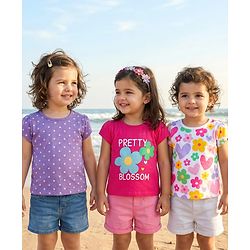 Babyhug 100% Cotton Knit Half Sleeves Floral Hearts & Polka Dots Printed T-Shirts Pack Of 3 - Multicolour