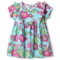 Babyhug Cotton Knit One Piece Frocks Half Sleeves Floral Print Light Blue 3-6 Months