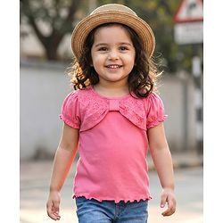 Babyhug 100% Cotton Knit Half Puff Sleeves Top With Embroidery - Pink
