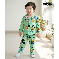 Babyhug Disney Single Jersey Knit Full Sleeves Co-ords Night Suit With Mickey & Friends Print - Light Green