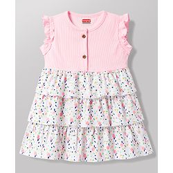 Babyhug 100% Cotton Knit Sleeveless Floral Printed Layered Frock - Pink