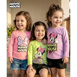 Babyhug Disney Single Jersey Knit Full Sleeves T-Shirts With Minnie Mouse Graphics Pack of 3 - Pink Purple & Green