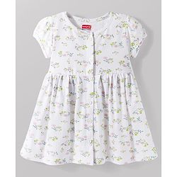Babyhug 100% Cotton Knit Half Sleeves Floral Printed Frock With Bloomer - White