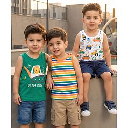 Babyhug 100% Cotton Knit Sandos with Vehicle Print & Stripes Pack of 3 - Multicolor