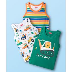 Babyhug 100% Cotton Knit Sandos with Vehicle Print & Stripes Pack of 3 - Multicolor