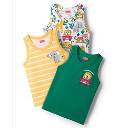 Babyhug 100% Cotton Knit Sandos with Jungle Theme Print & Stripes Pack of 3 - Multicolor