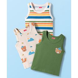 Babyhug 100% Cotton Knit Sleeveless Striped & Bear Printed   Sando Pack of 3 - Multicolor