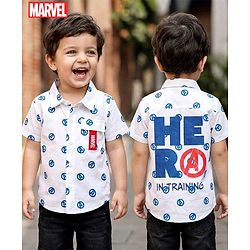 Babyhug Marvel Poplin Woven Half Sleeves Shirt With Back Avengers Graphics & Pocket Detailing - White