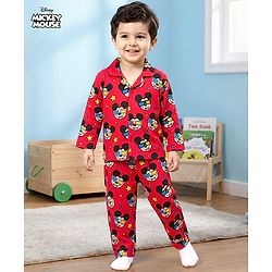 Babyhug Disney Single Jersey Knit Full Sleeves Co-ords Night Suit With Mickey Mouse Print - Red