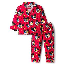 Babyhug Disney Single Jersey Knit Full Sleeves Co-ords Night Suit With Mickey Mouse Print - Red