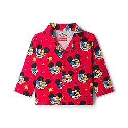 Babyhug Disney Single Jersey Knit Full Sleeves Co-ords Night Suit With Mickey Mouse Print - Red