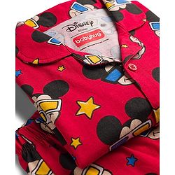 Babyhug Disney Single Jersey Knit Full Sleeves Co-ords Night Suit With Mickey Mouse Print - Red