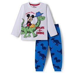 Babyhug Disney Single Jersey Knit Full Sleeves Night Suit With Mickey & Dino Graphics - White & Blue