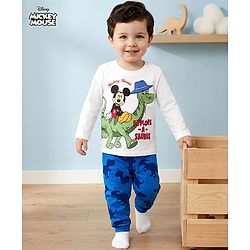 Babyhug Disney Single Jersey Knit Full Sleeves Night Suit With Mickey & Dino Graphics - White & Blue