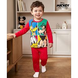 Babyhug Disney Single Jersey Knit Full Sleeves T-Shirt & Pyjama Night Suit With Mickey & Friends Graphics - Red