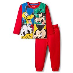 Babyhug Disney Single Jersey Knit Full Sleeves T-Shirt & Pyjama Night Suit With Mickey & Friends Graphics - Red