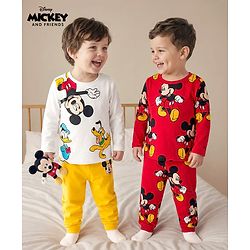 Babyhug Disney Single Jersey Knit Full Sleeves T-Shirt & Pyjama Co-ord Night Suits With Mickey Mouse Graphics Pack of 2 - Multicolor