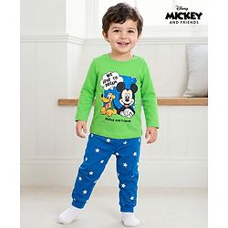 Babyhug Disney 100% Cotton Knit Full Sleeves T-Shirt & Pyjama Night Suit With Mickey & Friends Graphics - Blue & Green