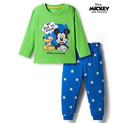 Babyhug Disney 100% Cotton Knit Full Sleeves T-Shirt & Pyjama Night Suit With Mickey & Friends Graphics - Blue & Green