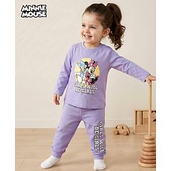 Babyhug Disney Single Jersey Knit Full Sleeves T-Shirt & Pajama Night Suit with Minnie & Friends Graphic - Lavender