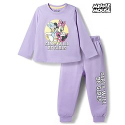 Babyhug Disney Single Jersey Knit Full Sleeves T-Shirt & Pajama Night Suit with Minnie & Friends Graphic - Lavender