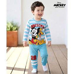 Babyhug Disney Single Jersey Knit Full Sleeves T-Shirt & Lounge Pant Night Suit With Mickey & Pluto Graphics - Light Blue
