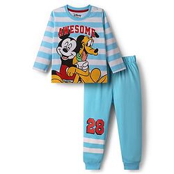 Babyhug Disney Single Jersey Knit Full Sleeves T-Shirt & Lounge Pant Night Suit With Mickey & Pluto Graphics - Light Blue