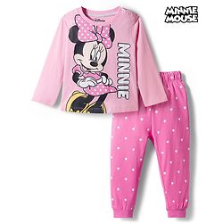 Babyhug Disney 100% Cotton Full Sleeves  T-Shirt & Pyjama Night Suit With Minnie Mouse Graphic - Pink