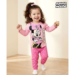 Babyhug Disney 100% Cotton Full Sleeves  T-Shirt & Pyjama Night Suit With Minnie Mouse Graphic - Pink