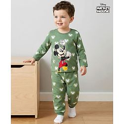 Babyhug Disney Single Jersey Knit Full Sleeves T-Shirt & Pyjama Co-ord Night Suit With Mickey Mouse Print - Green