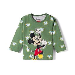 Babyhug Disney Single Jersey Knit Full Sleeves T-Shirt & Pyjama Co-ord Night Suit With Mickey Mouse Print - Green