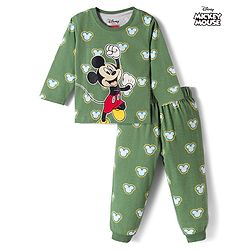 Babyhug Disney Single Jersey Knit Full Sleeves T-Shirt & Pyjama Co-ord Night Suit With Mickey Mouse Print - Green