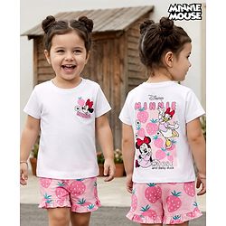 Babyhug Disney Single Jersey Knit Half Sleeves Oversized T-Shirt & Shorts Set with Minnie & Friends Front & Back Graphic - Multicolor