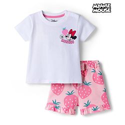 Babyhug Disney Single Jersey Knit Half Sleeves Oversized T-Shirt & Shorts Set with Minnie & Friends Front & Back Graphic - Multicolor
