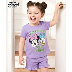 Babyhug Disney Single Jersey  Knit Oversize Half Sleeves T-Shirt & Shorts Set with Minnie & Friends Graphic - Lavender