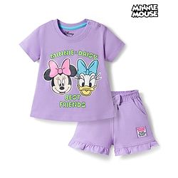 Babyhug Disney Single Jersey  Knit Oversize Half Sleeves T-Shirt & Shorts Set with Minnie & Friends Graphic - Lavender