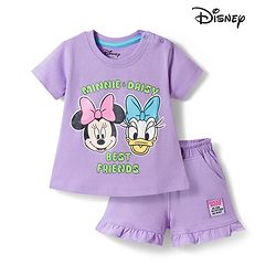 Babyhug Disney Single Jersey  Knit Oversize Half Sleeves T-Shirt & Shorts Set with Minnie & Friends Graphic - Lavender